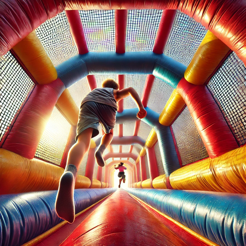 Two middle school-aged kids racing inside a colorful inflatable obstacle course, climbing and crawling through soft, cushioned barriers at a school field day