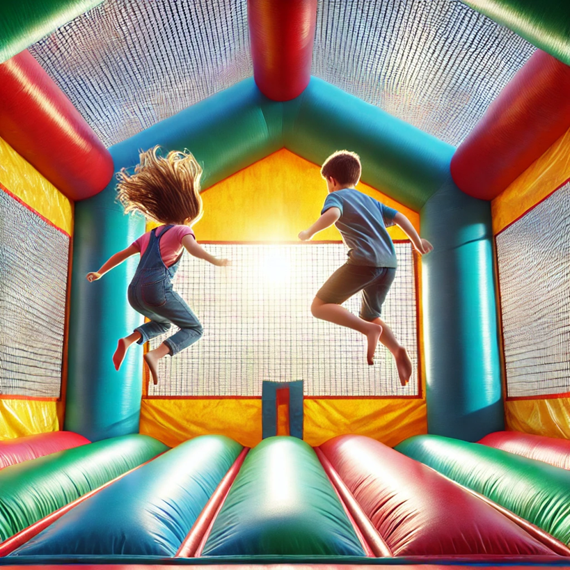 Two middle school-aged kids jumping inside a brightly colored inflatable bounce house, laughing and having fun during a school field day.